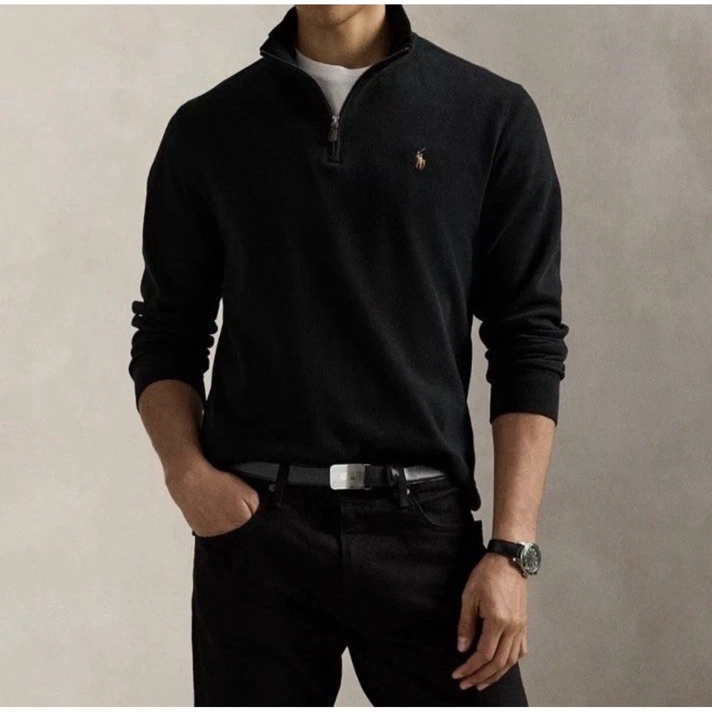 Polo Ralph Lauren Estate Rib‎ Men's 1/4 Zip Pullover Sweater Blue Ribbed Size L